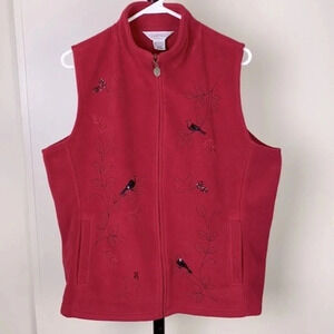 Vintage Red fleece bird sequin leaf Grandmacore vest  size extra large